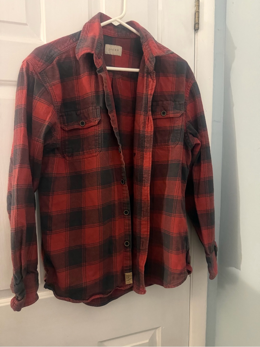 JACHS Men’s Large Red Black Plaid Flannel Shirt 100% Cotton Distressed